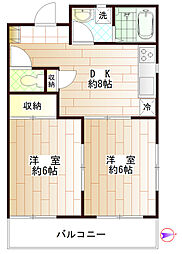 カーサ・ヴェルデ 2階2DKの間取り