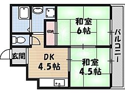 杉本町グランドハイツ 2DKの間取図画像