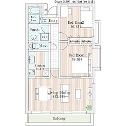 ラナイグレイス国立 2階2LDKの間取り