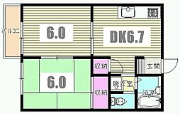西武拝島線 武蔵砂川駅 徒歩22分の賃貸アパート 3階2DKの間取り