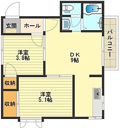 JR八高線 北八王子駅 徒歩15分の賃貸アパート 2階2DKの間取り