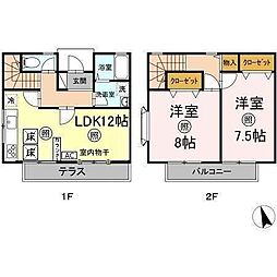 多摩都市モノレール 上北台駅 徒歩23分の賃貸テラスハウス 2LDKの間取り