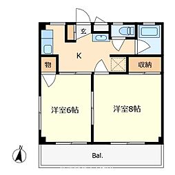 西武国分寺線 恋ヶ窪駅 徒歩16分の賃貸マンション 2階2Kの間取り