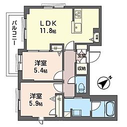 西武拝島線 武蔵砂川駅 徒歩16分の賃貸マンション 3階2LDKの間取り