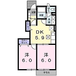 JR中央本線 八王子駅 バス18分 中野団地下車 徒歩4分の賃貸アパート 1階2Kの間取り