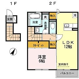 JR青梅線 福生駅 徒歩14分の賃貸アパート 2階1LDKの間取り