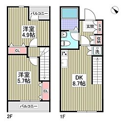 JR青梅線 小作駅 徒歩22分の賃貸アパート 2階2DKの間取り