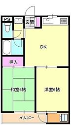 JR中央本線 八王子駅 徒歩8分の賃貸マンション 3階2DKの間取り