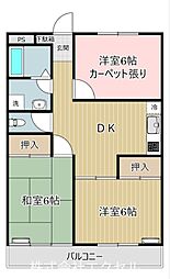 JR中央本線 高尾駅 バス5分 御陵前下車 徒歩2分の賃貸マンション 2階3DKの間取り