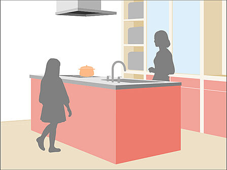キッチンはご家族との会話が楽しめる対面式タイプを採用。リビングで遊ぶお子様の様子をうかがいながらお料理もできます。