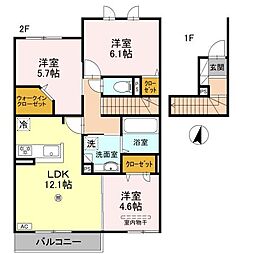 JR片町線(学研都市線) 住道駅 徒歩15分の賃貸アパート 2階3LDKの間取り