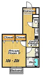 アゼリア 1階1Kの間取り