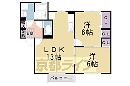 パストラル西向日 1階2LDKの間取り