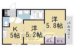 阪急嵐山線 上桂駅 徒歩15分の賃貸マンション 3階2DKの間取り
