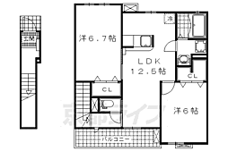 京都地下鉄東西線 石田駅 徒歩17分の賃貸アパート 2階2LDKの間取り