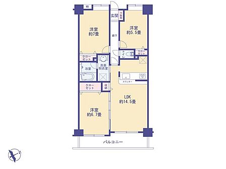 全居室収納付き・LDK約14.5帖の使いやすい3LDK。プライバシーに配慮された廊下設計も魅力