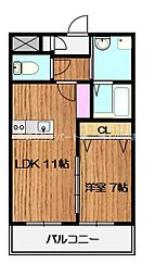 グレイスコート下硯川 2階1LDKの間取り