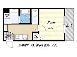 グランデュオM海老江 1Kの間取図画像