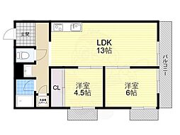 JR阪和線 我孫子町駅 徒歩5分の賃貸マンション 3階2LDKの間取り