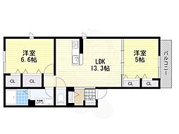 大阪市住吉区我孫子3丁目アパート 2LDKの間取図画像