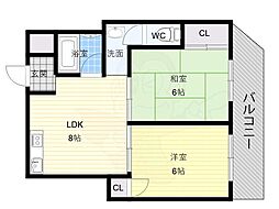JR阪和線 長居駅 徒歩9分の賃貸マンション 3階2LDKの間取り