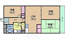 阿波座第2セントラルハイツ 3LDKの間取図画像