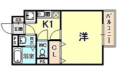 セジュール西岡本 1階1Kの間取り