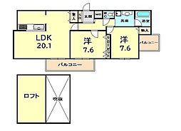 ソレイユ東園田 3階2LDKの間取り