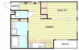 Glicina東園田lindo(グリシーナ東園田リンド) 202 2階1LDKの間取り