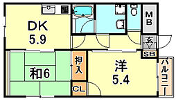 シャンテ本山 2DKの間取図画像