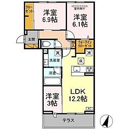 京成松戸線 みのり台駅 徒歩12分の賃貸アパート 1階3LDKの間取り