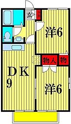 JR常磐線 松戸駅 徒歩23分の賃貸アパート 2階2DKの間取り