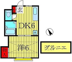 エトワール北柏 2階1DKの間取り