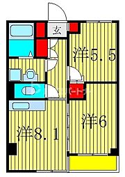 ユニパリス柏駅前オークビル 2DKの間取図画像