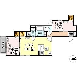 セレスティア六町III 3階2LDKの間取り