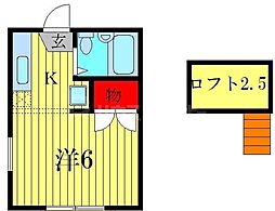 コーポタイムフェア 2階1Kの間取り