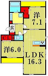 Riziere六町 3階2LDKの間取り