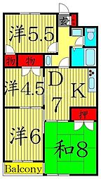 ファインクロス6番館 3階4DKの間取り