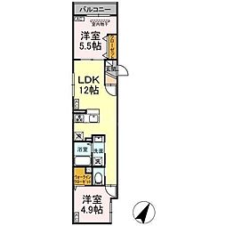 セレスティア柴又III 2階2LDKの間取り
