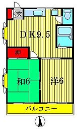 大川ハイツ 2DKの間取図画像