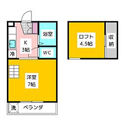サンライトパストラルA棟 1階1Kの間取り