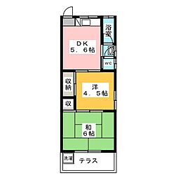 ホワイトハイツフジ1 2階2DKの間取り