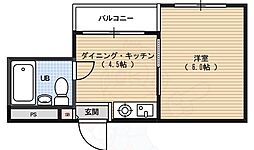 JR山陰本線 円町駅 徒歩10分の賃貸マンション 2階1DKの間取り