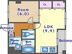 リエス西院 6階1LDKの間取り