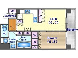 リーガル京都御所西3 2階1LDKの間取り