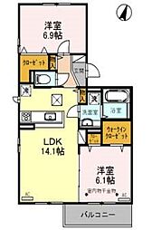 ル・レーヴ吹田山手町 1階2LDKの間取り