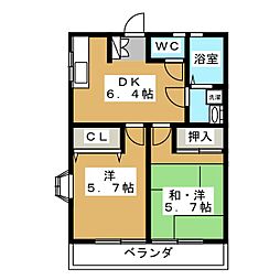 シャロム 2階2DKの間取り