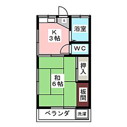 海老塚荘 2階1Kの間取り