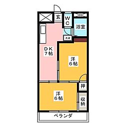 パピヨン渓北 1階2DKの間取り
