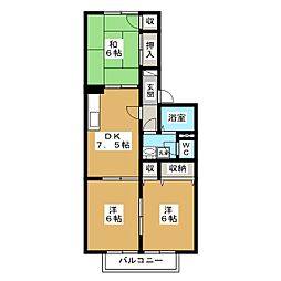 プリシアードI 2階3DKの間取り